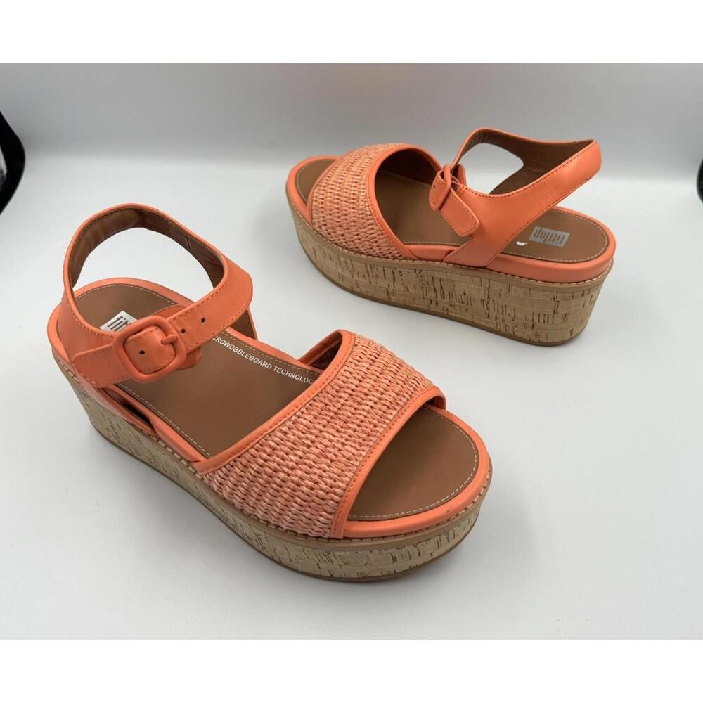 NEW! Fitflop Eloise Wedge Sandals Size 7 US 38 EU Orange Woven Cork Wrap